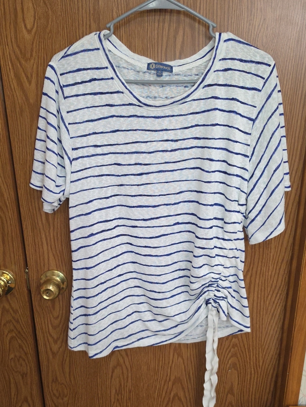 Democracy White and Blue Striped Short Sleeve Tee with Side Tie